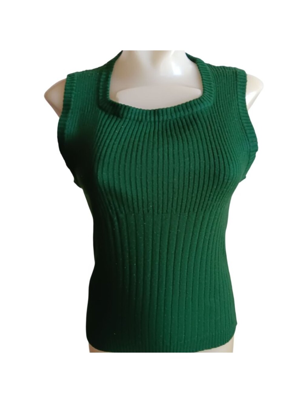 1970s Knit Women's Medium Vintage Sweater Green Ribbed Knit Sleeveless Top